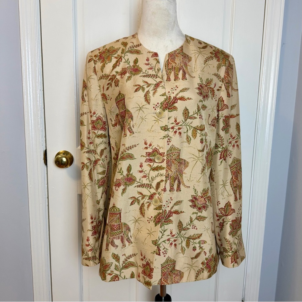 Talbots Women’s 100% Silk Collarless Jacket with Elephant and Botanical Motif, L